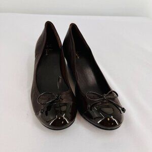 Cole Haan Women's Milly Wedge Pump Size 9.5 Brown LeatherPatent Toe Bow Accent